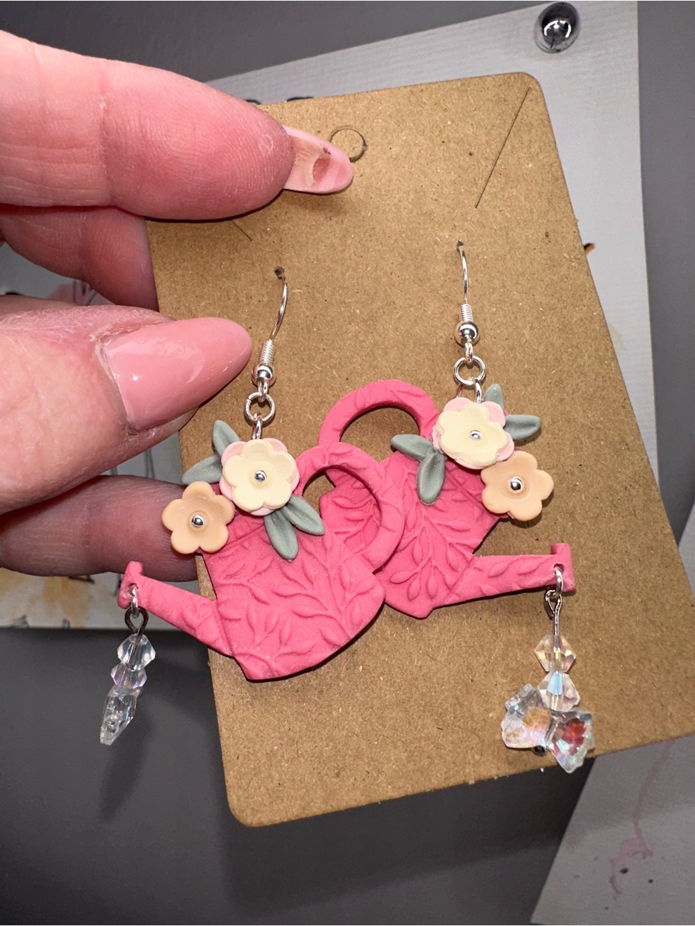 Handcrafted Polymer Clay Pink Watering Can Floral Drop Earrings - Brand